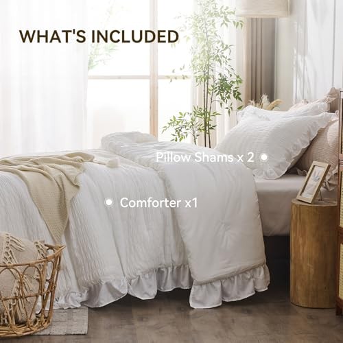 Comforter Set, 3 Pieces Seersucker Comforters Size, Lightweight & King White