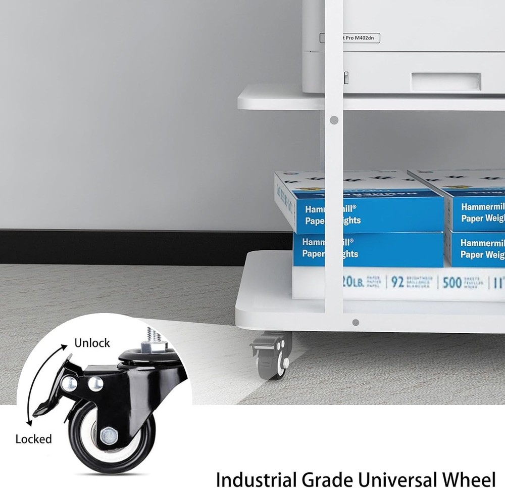 White Printer Stand 3 Tier Rolling with Wheels