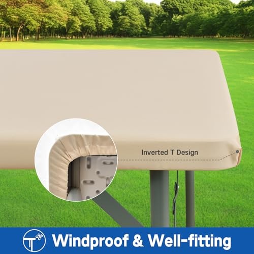 Square Elastic Fitted Tablecloth, Windproof Polyester 34" x 34" (Square) Beige
