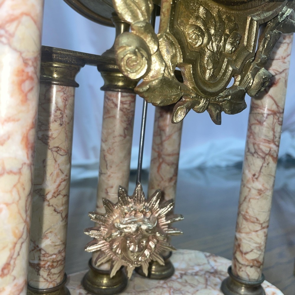 French Marble and Ormulo 5 Column Portico Clock Selsi Paris Three Piece Set