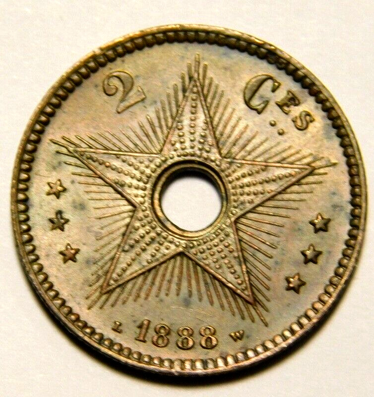 Belgium Congo 1888 2 Centimes  Almost Uncirculated Brown 58-355