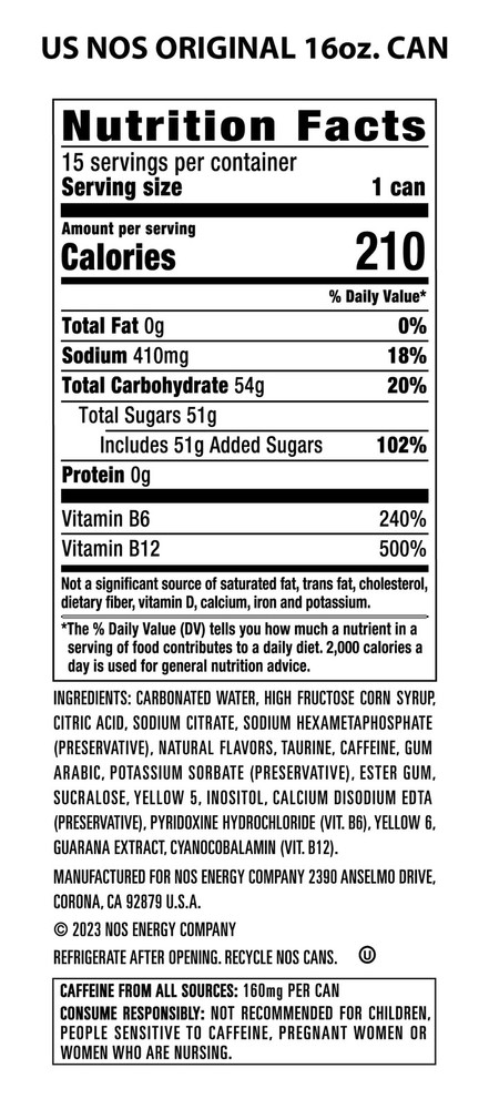 NOS Original High Performance Energy Drink. 16 Fl oz