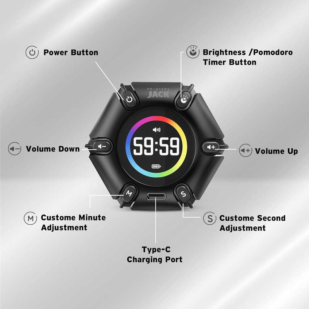Pomodoro Timer Cube, Visual Focus Timer, Adjustable Sound Alert, 3/5/10/25/30/60