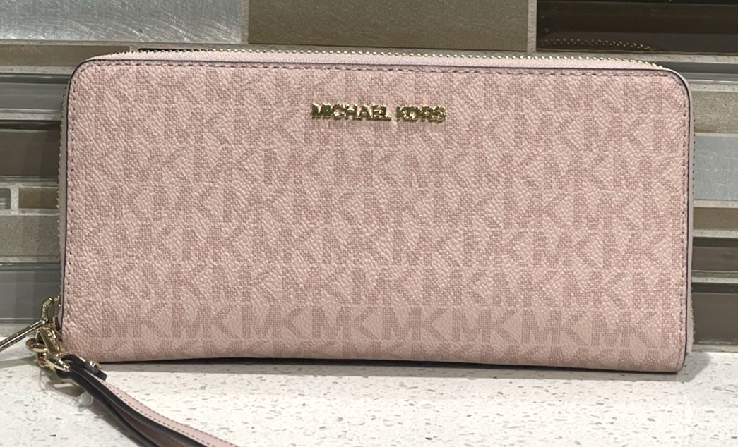 MICHAEL KORS JET SET TRAVEL LARGE CONTINENTAL WALLET BLUSH PINK MK SIGNATURE