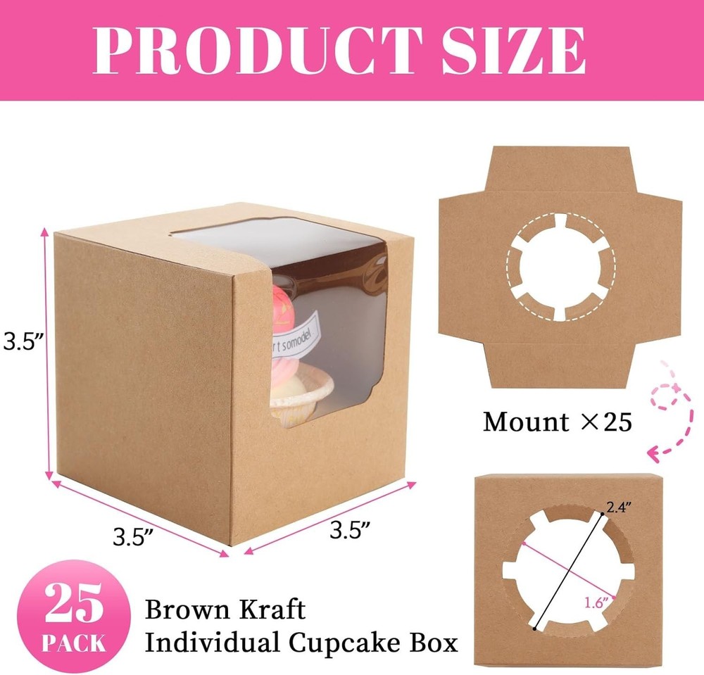 25 Pcs Cupcake Boxes Individual Cupcake Containers Pre-Assembled Single Cupca...