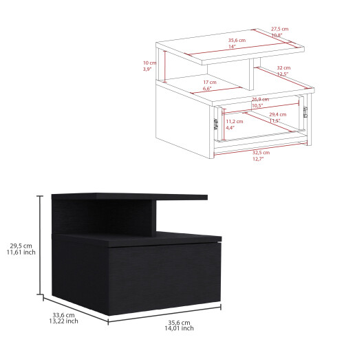 AS Floating Nightstand ,Side Table Drawer, Open Top Shelves -Black