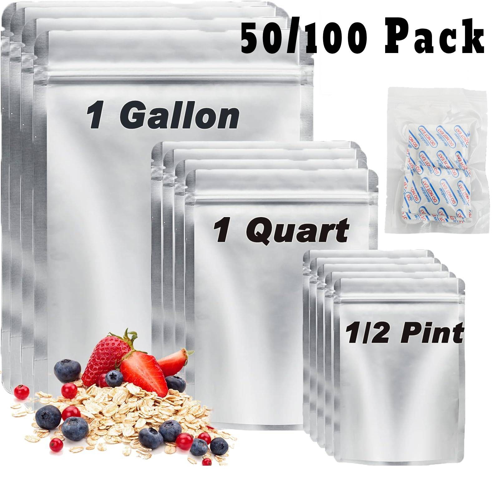 50/100 Mylar Stand-Up Food Storage Bags Resealable 9mil w/300cc Oxygen Absorbers