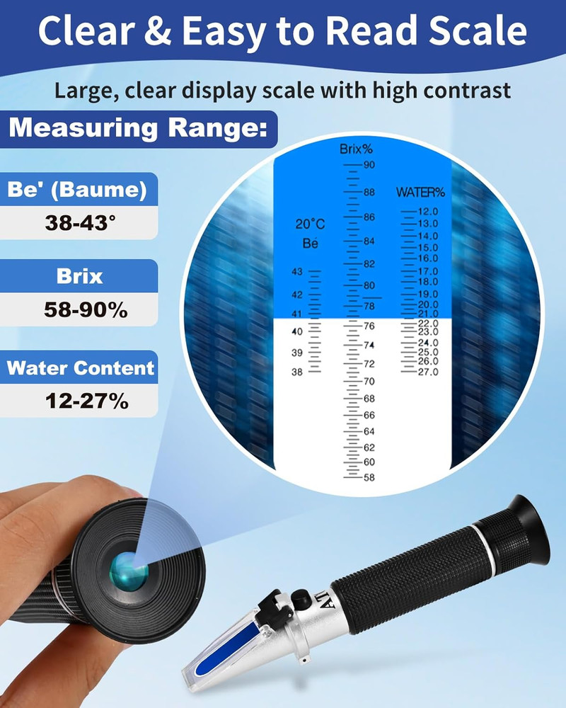 Honey Refractometer for Moisture, Brix and Baume, Brix Meter Refractometer with