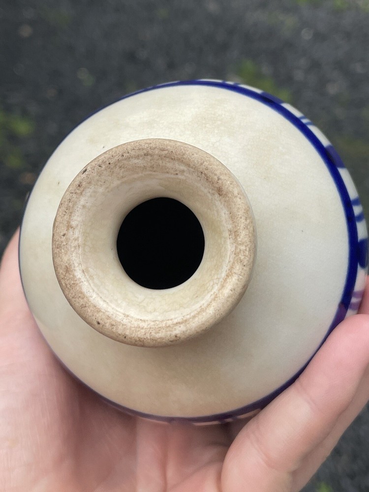 Vintage Blue White Stoneware Ceramic Hanging Pottery Oval Sphere