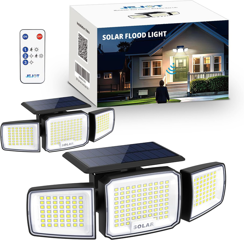 Solar Motion Security Light 3-Head LED w/Remote Radar Sensor IP65 Waterproof 2Pk