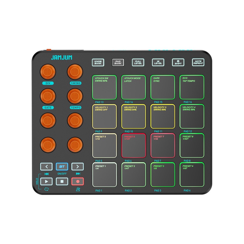 JAMJUM MIDI Portable Beat Maker MIDI Controller 16 RGB Pads 8 Knobs Long Battery