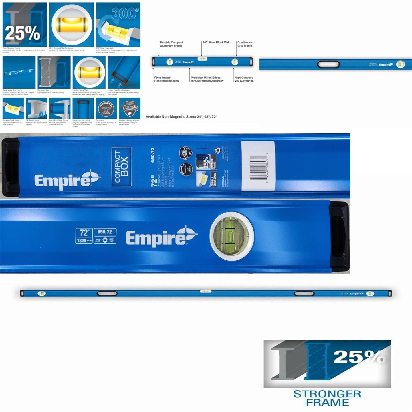 Empire 650.72 Box Beam Level Durable Lightweight Aluminum Continuous Grip 72 In
