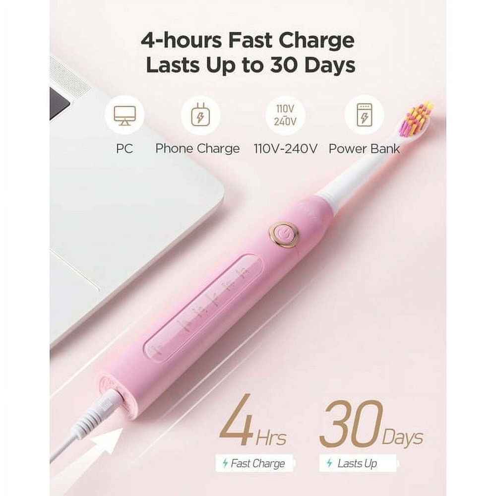 Fairywill Sonic Electric Toothbrush USB Rechargeable 6 Brush Heads 5 Modes Timer