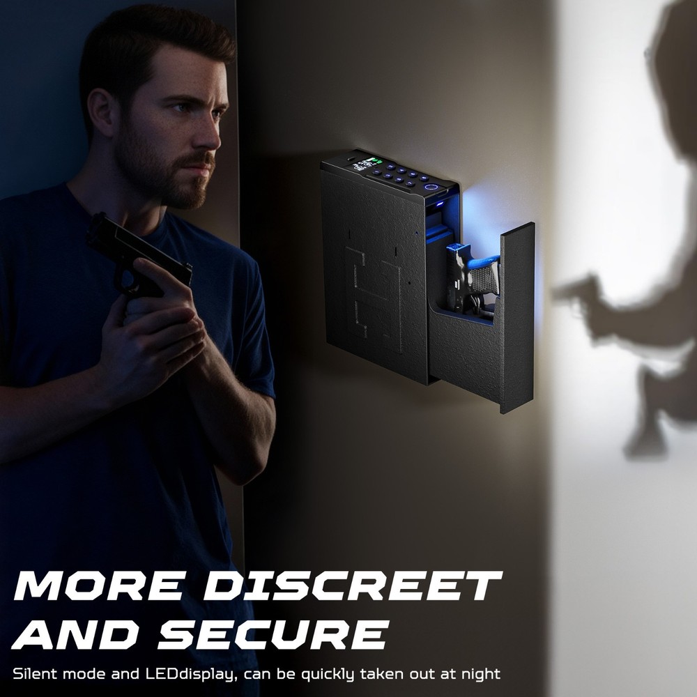 Wall Gun Safe for 4 Handguns, Fingerprint/Key/PIN Quick Access Lock Box
