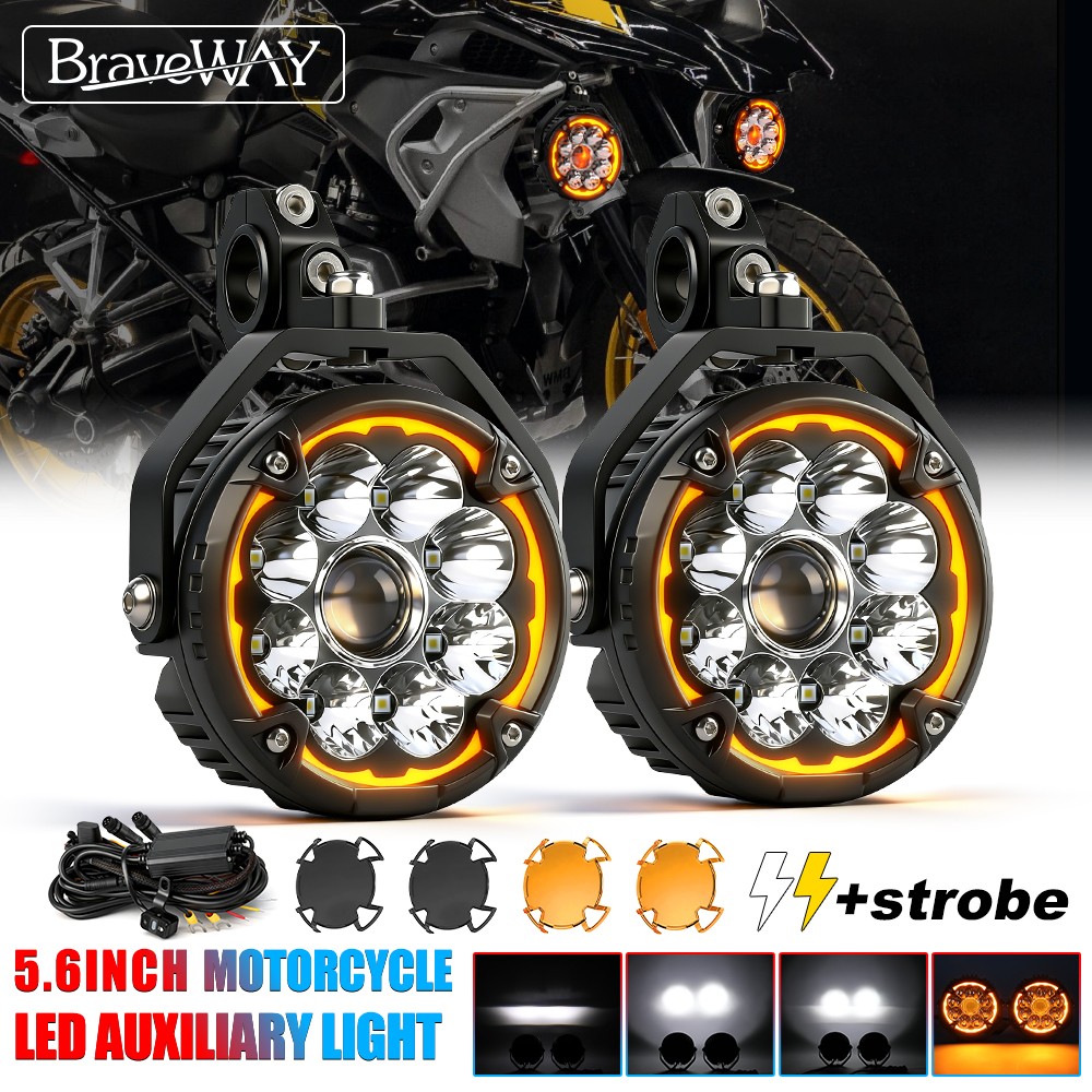 Pair LED Auxiliary Driving Spot Fog Lights Hi/low Beam Motorcycle Adventure Bike