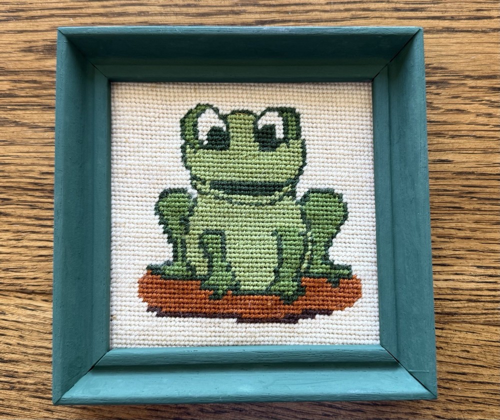 Vintage Frog Needlepoint Mini Wood Frame
