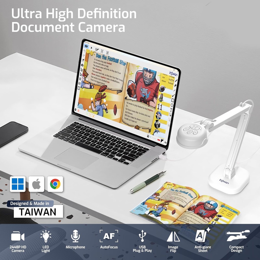 INS-1 Classic USB Document Camera/Webcam – 8MP, Auto Focus, LED, Mic, Perfect...