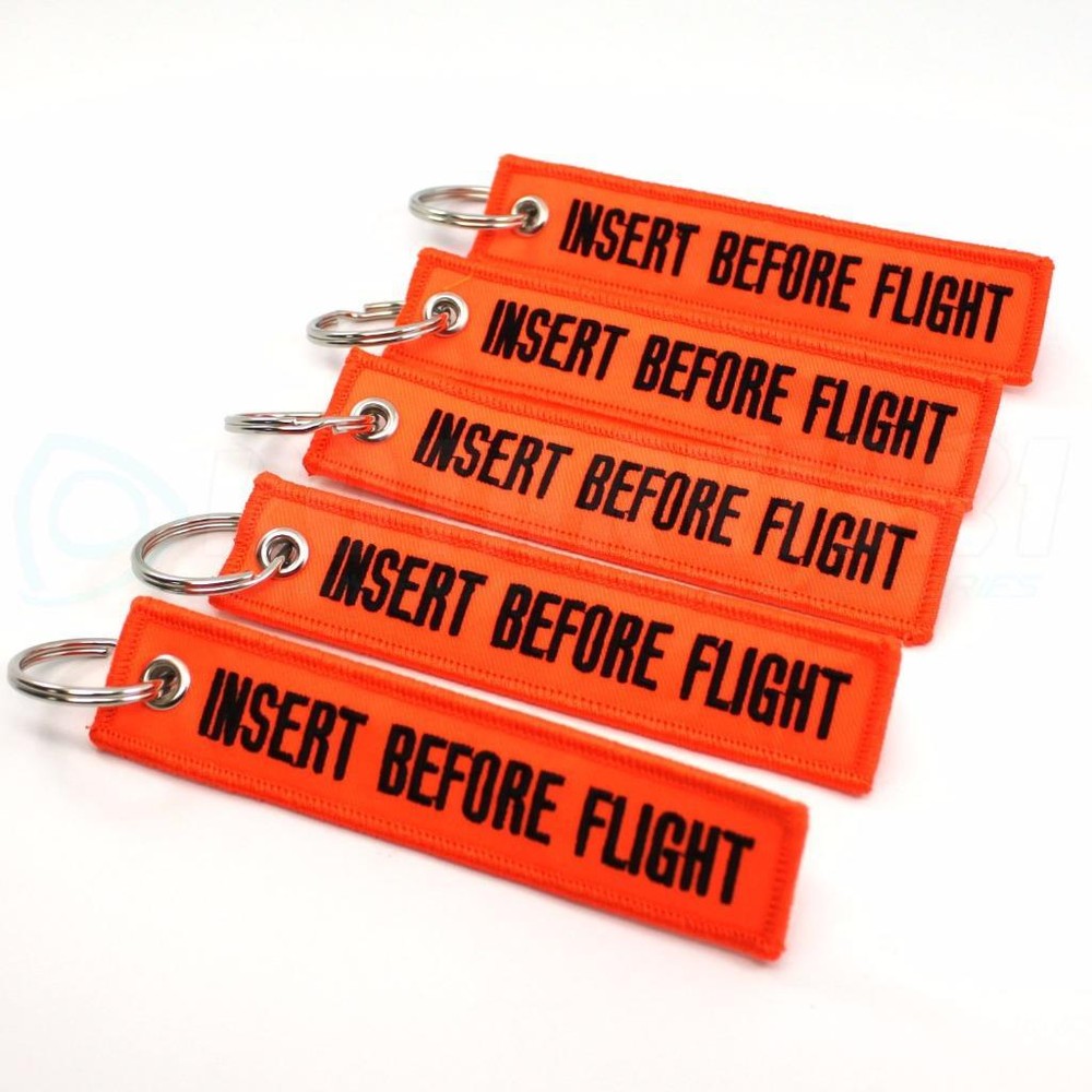 INSERT BEFORE FLIGHT QTY= 5 PCS NEON ORANGE/black KEYCHAINS RING TAGS CABIN CREW