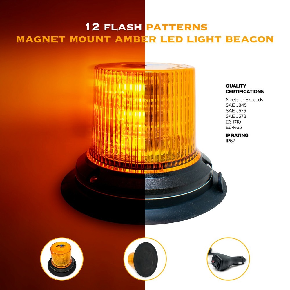 ProLED Magnet Mount Amber LED Light Beacon With 12 Flash Patterns, 10-30 Volt DC
