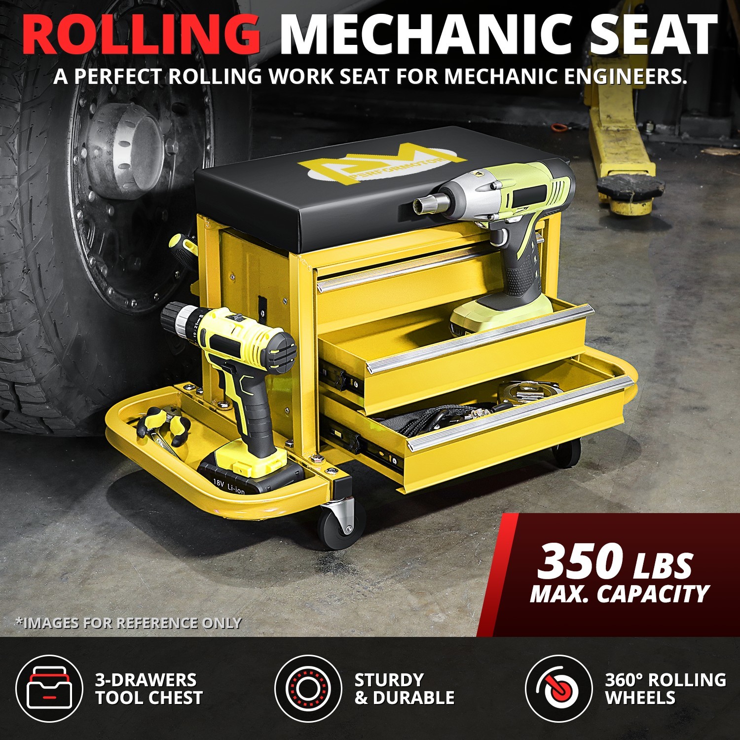 Mechanics Roller Work Seat w/ 3-Drawer Tool Box Storage Tray Padded Stool Yellow