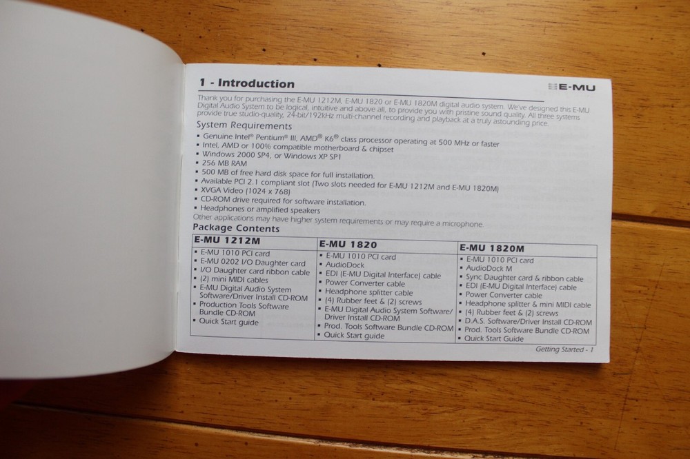 E-mu 1212m 1820 1820m GETTING STARTED MANUAL, INSTRUCTIONS, GUIDE BOOK