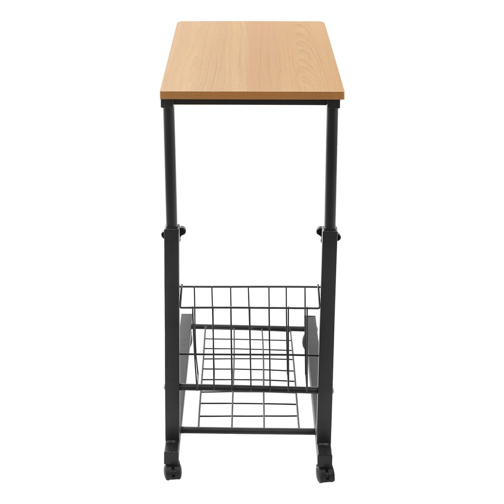 2 Tiers Adjustable Bed Side Table Teak Color Mobile Standalone Table w/ Wheels