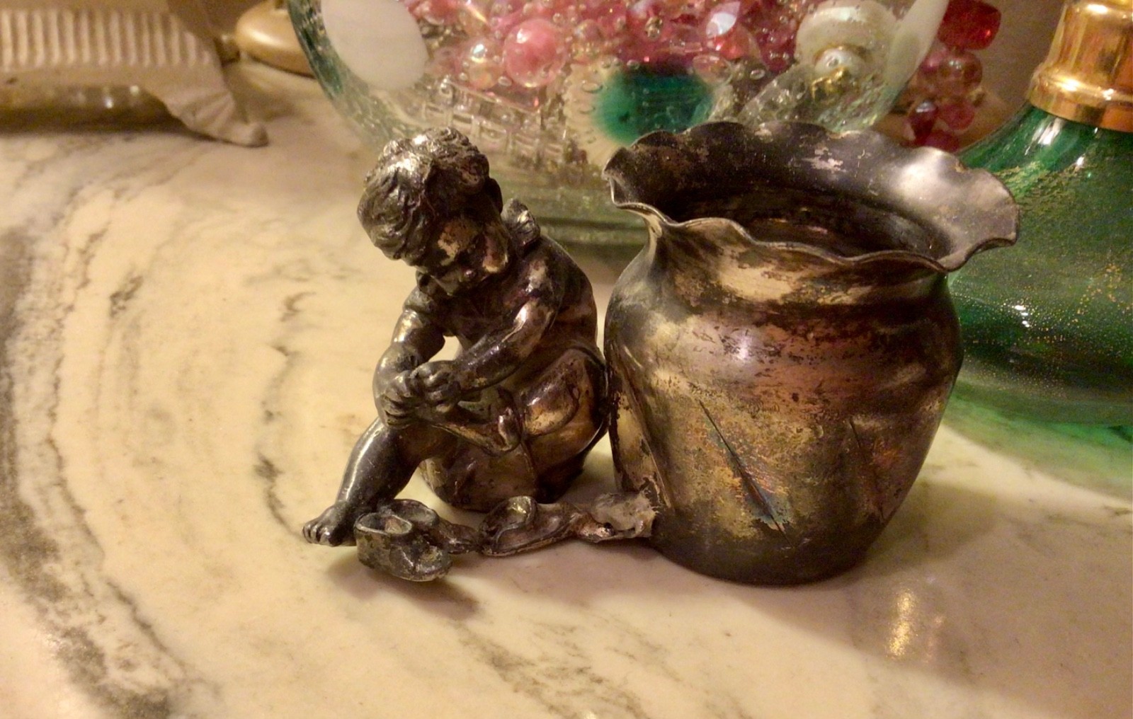 Antique DERBY SILVER Co Quadruple Plate Figural Cherub Toothpick/Match Holder