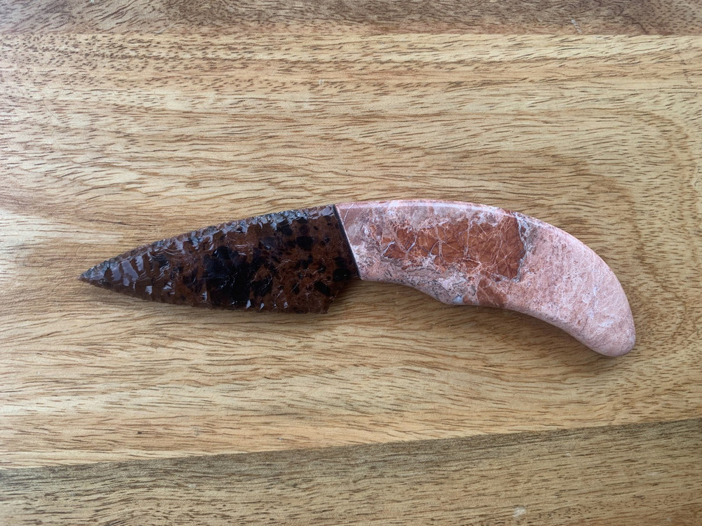 Custom Stone Handle Obsidian Knife by Tommy Masingale. Light Pink Marble.