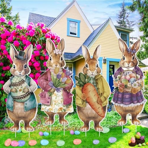 4 Pcs Easter Retro Bunny Yard Signs Decorations Cute Easter Bunny Signs with