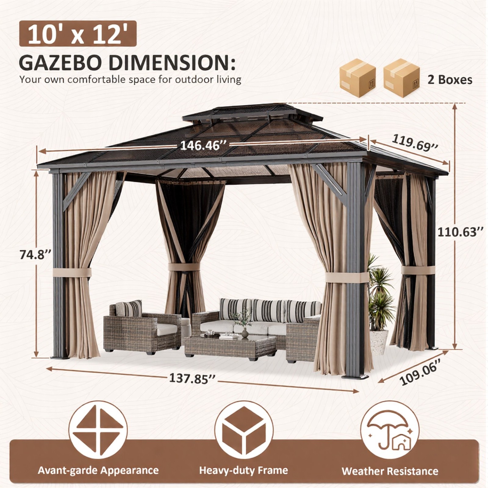 10 ft. x 12 ft. Outdoor Polycarbonate Double Roof Gazebo with Aluminum Frame