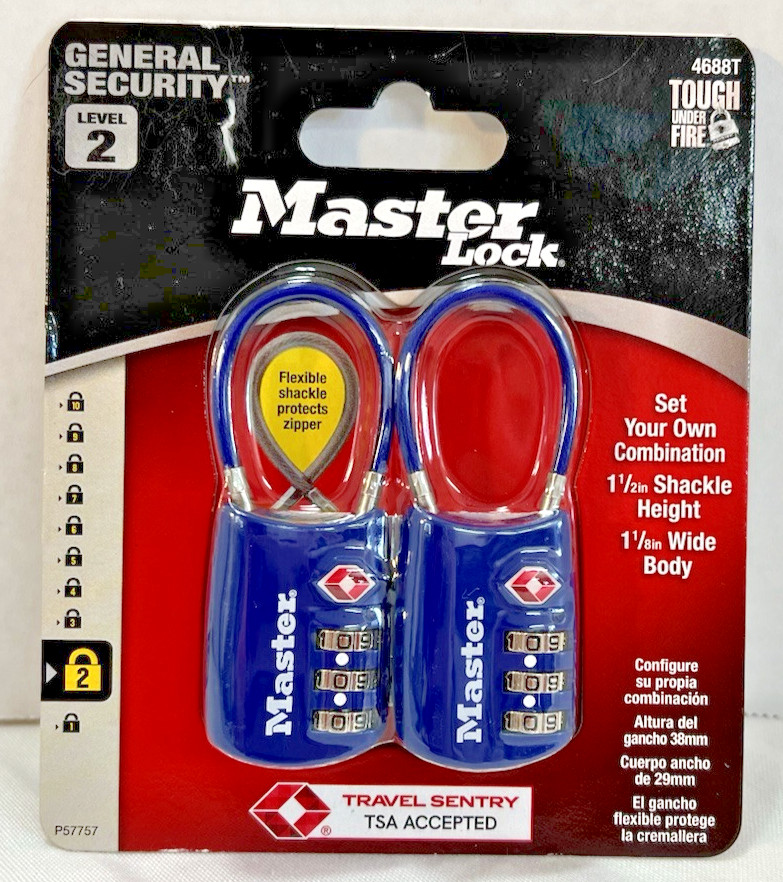 Brand New Master Lock 4688T Padlock Set, Blue- 2 Pack Combination Level 2