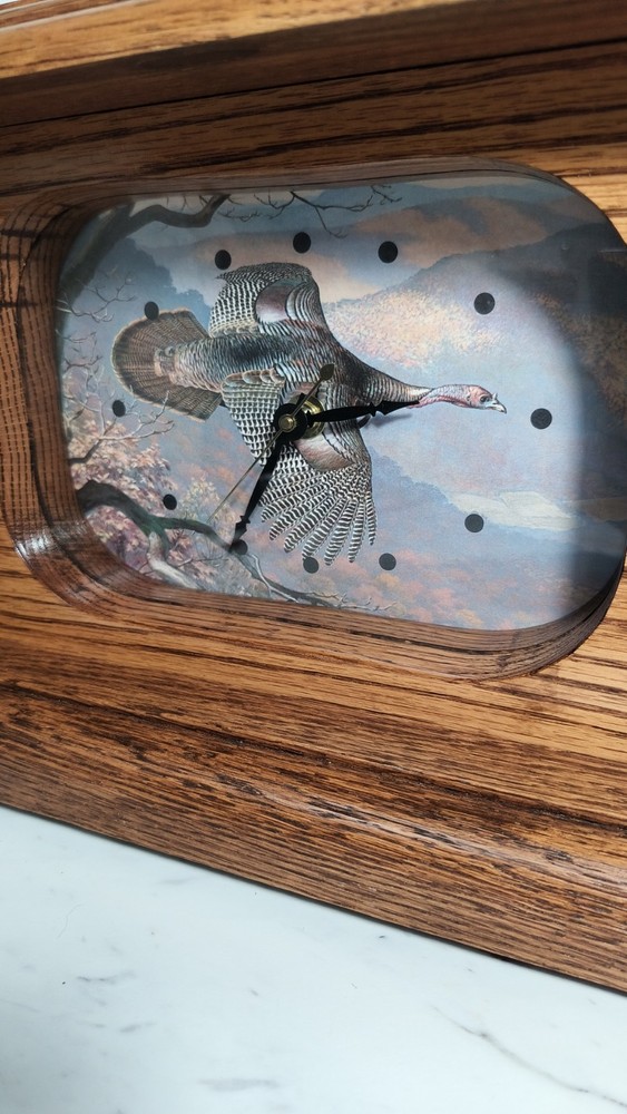 NWTF TURKEY CLOCK HIDDEN WHISKEY COMPARTMENT, SOLID OAK ROYAL DOMAIN SERIES #76