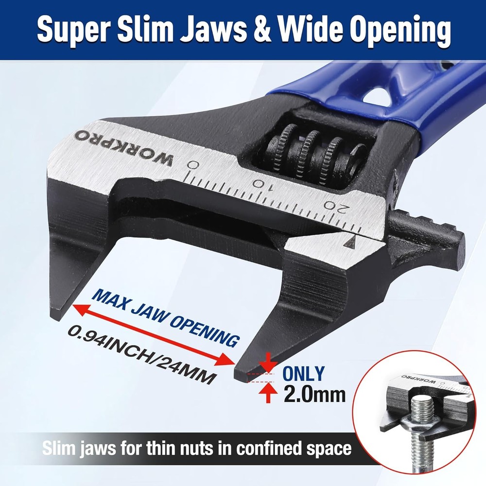 WORKPRO 4 Inch Thin Jaws Stubby Wide Opening Adjustable