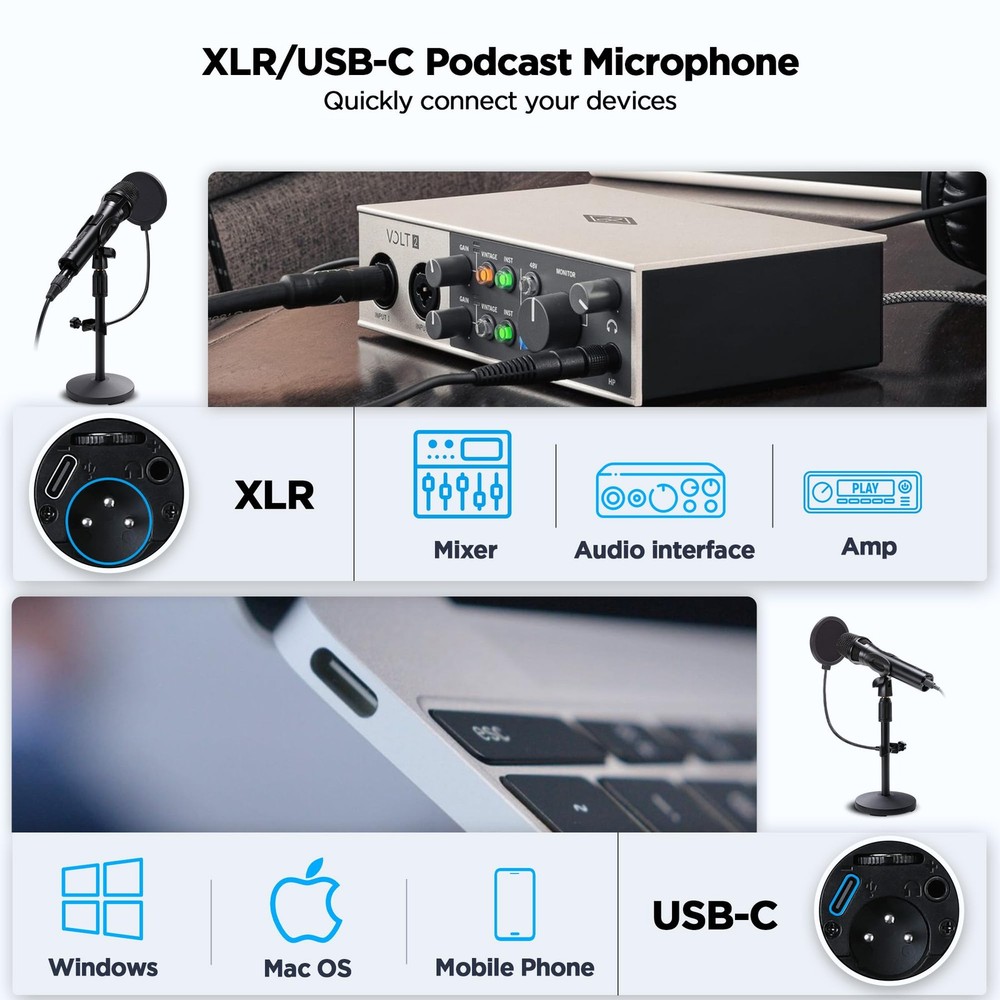 Xlr Usb Dynamic Microphone for Singing Recording, Metal Dynamic Studio Singin...