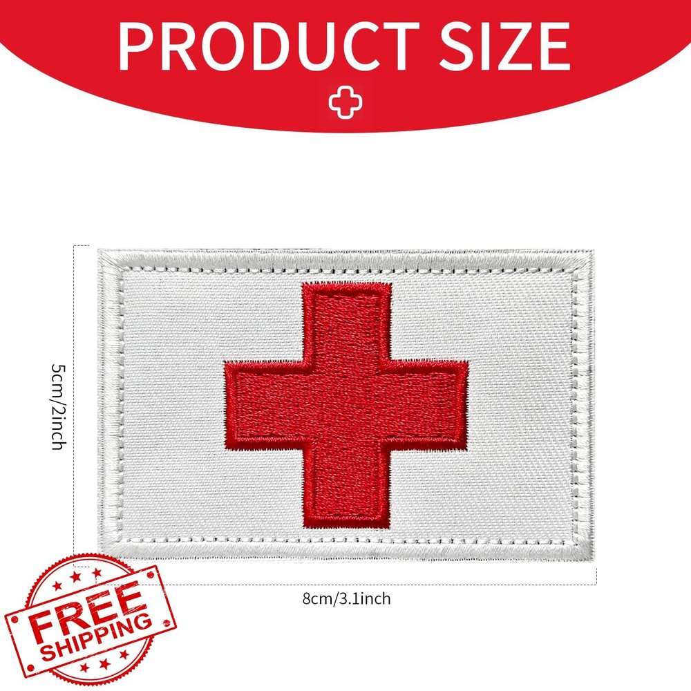 Medic Patches Red Cross First Aid Hook Loop White 3"x2" 2-Pack