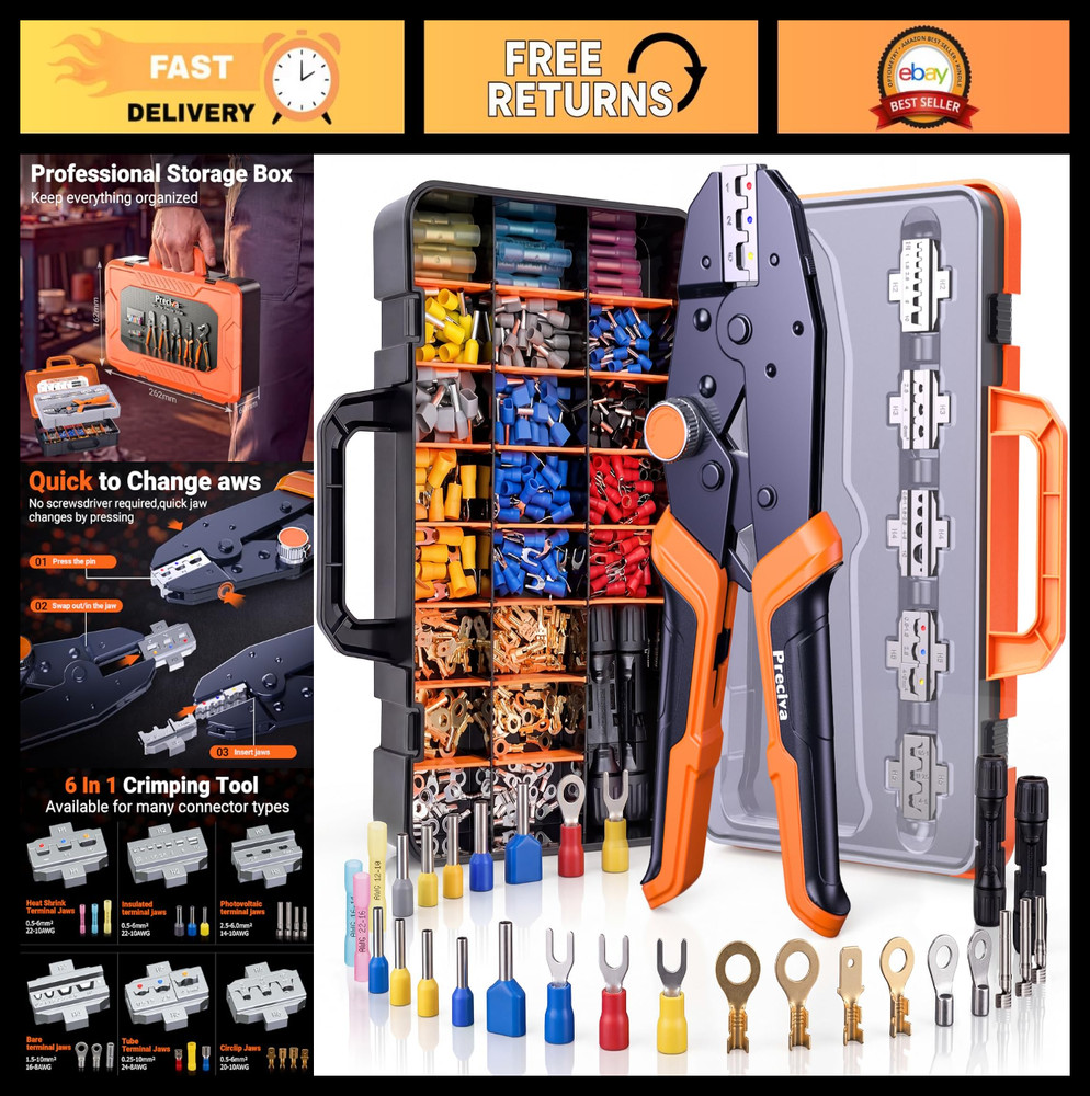 Adjustable Ratchet Crimping Tool Kit with 6 Jaws, 361pcs Terminals & Case - Elec