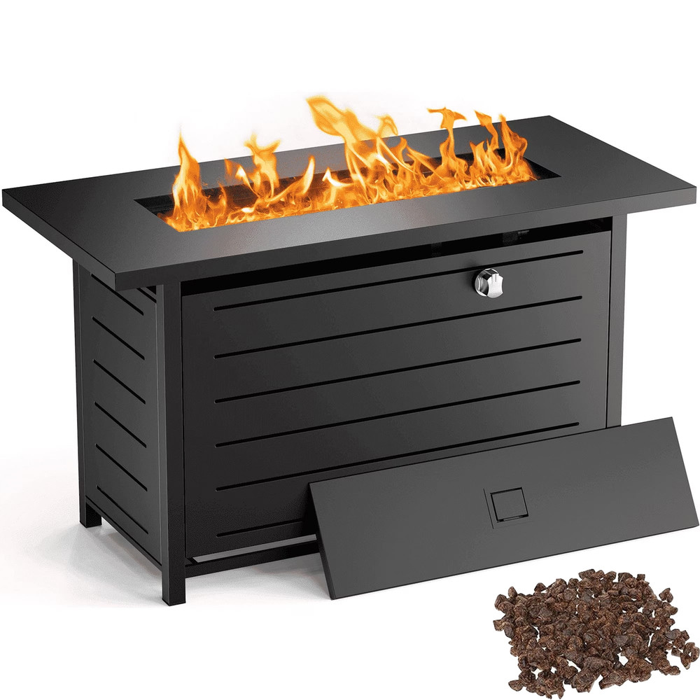 43" Rectangular Gas Fire Pit Table, 60,000 BTU with Lid and Lava Rock