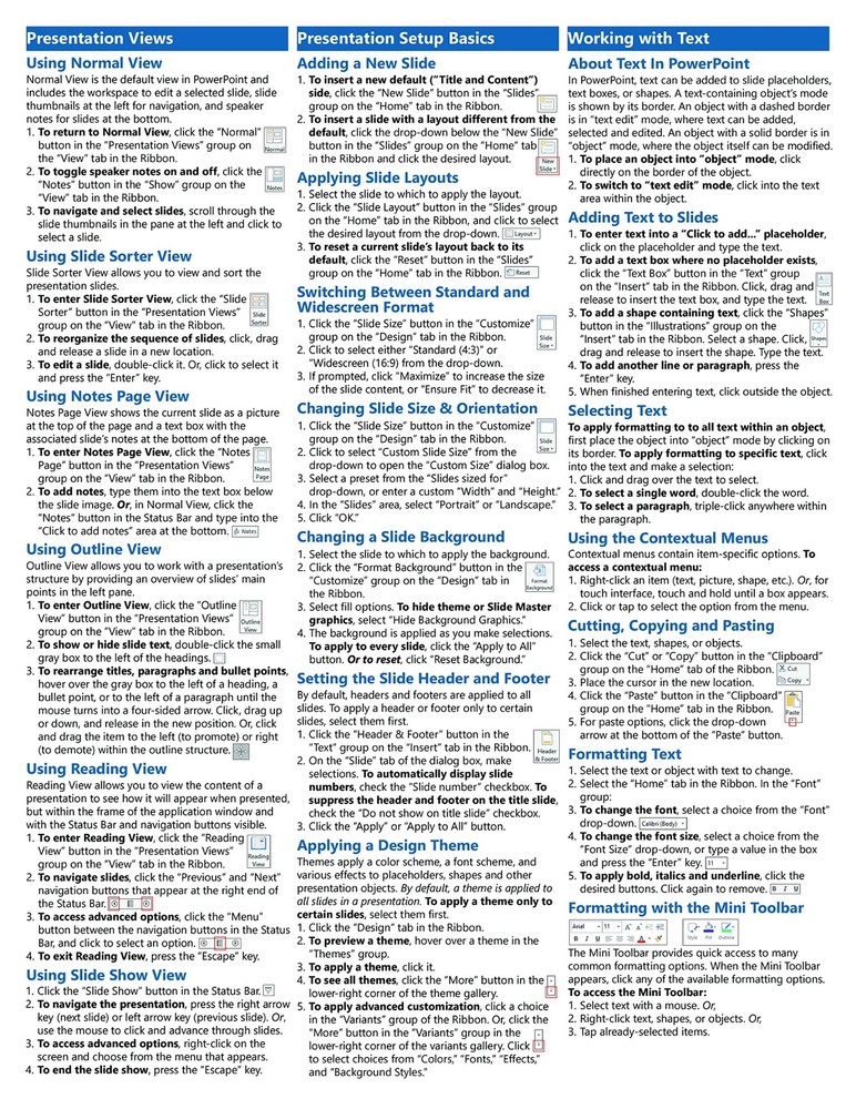 PowerPoint 2016 Training Guide Quick Reference Card 4 Page Cheat Sheet Help