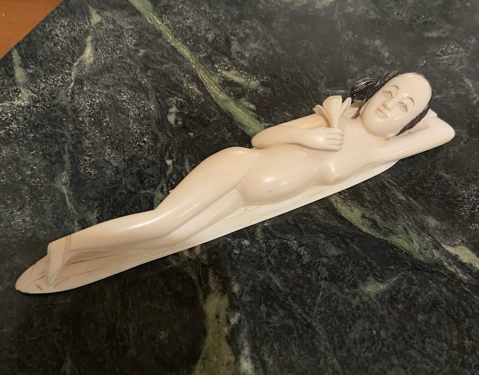 Antique Chinese carved Woman Diagnostic Doctor Doll. Holding Lotus Repaired.