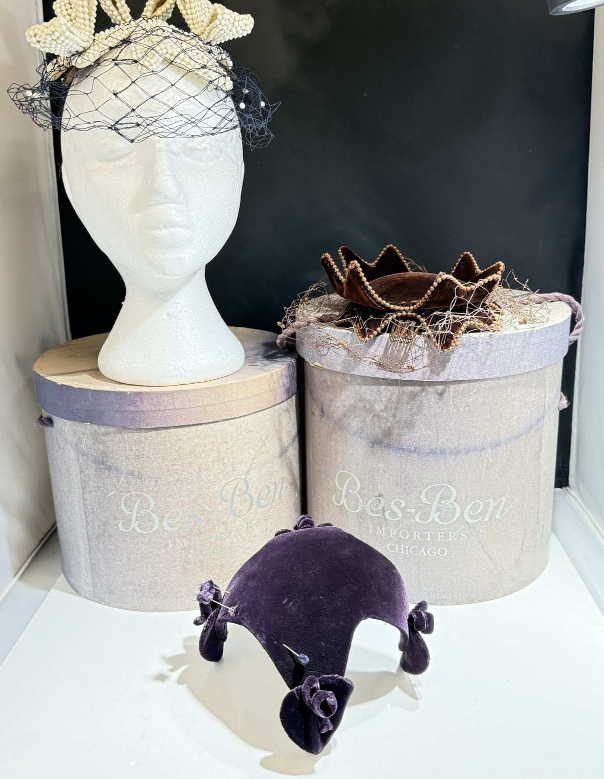 BES-BEN 1940s LOT Hat Original Box White Beaded Bows Job Lot for repair Vintage