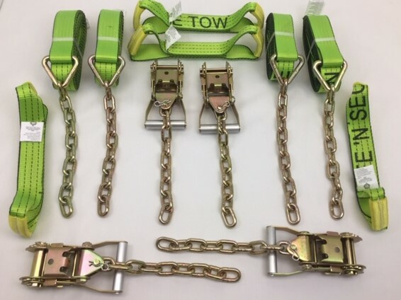 8 pt Kit 14 Hi-VIZ TECNIC Webbing Rollback / Flatbed Car Tie-Down w/ Chain Tails