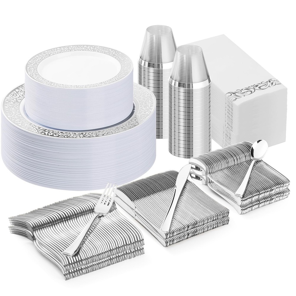 350PCS Silver Plastic Dinnerware Set for 50 Guests, Disposable Plates for Par...