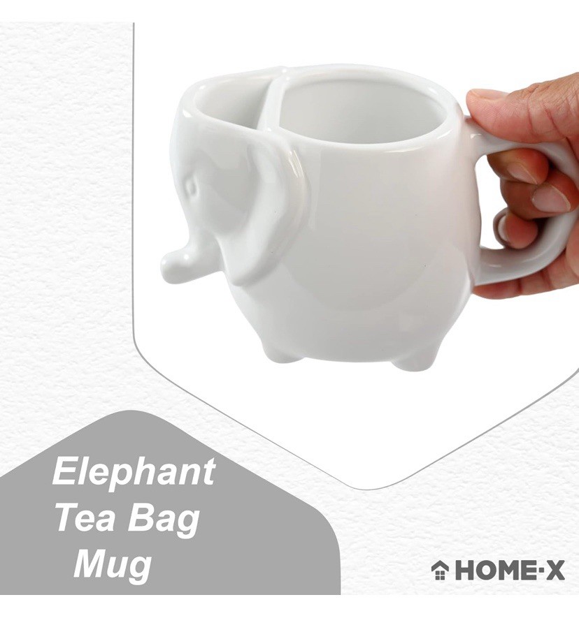 HOME-X WHITE ELEPHANT CERAMIC MUG WITH TEA BAG HOLDER 16 Oz 6”x4”x3”