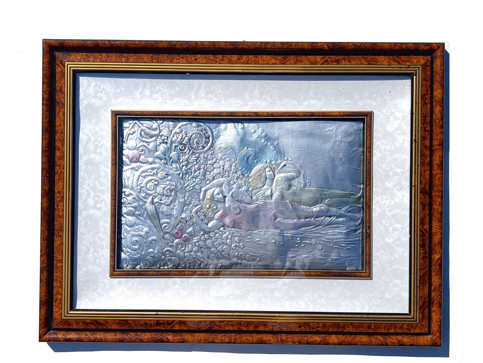 Large Vtg Art Nouveau Sterling Silver Argento Italy Colored Framed Art Plaque