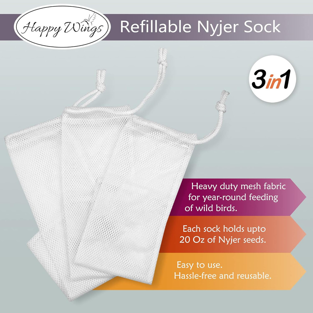 Refillable Nyjer Thistle Sock Feeder, 3 Socks- Easy-Fill, Durable Design, Attrac