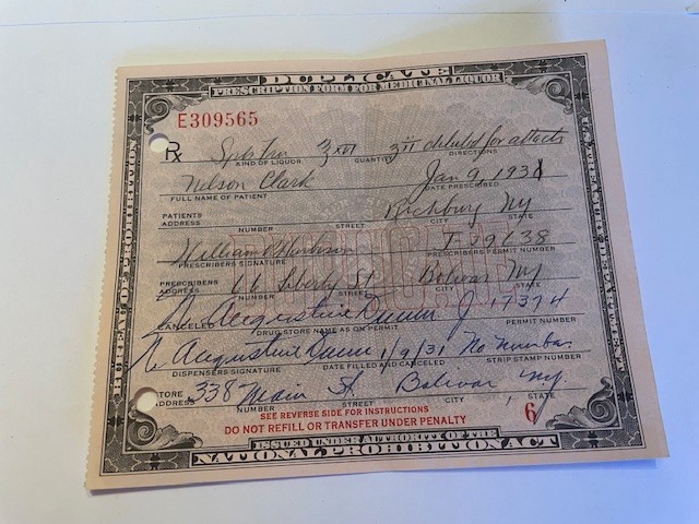 Early 1930's Prohibition Prescription for Medicinal Liquor - Quantity 1