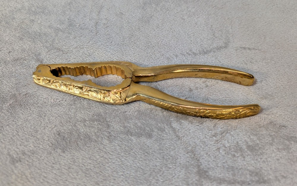Vintage Solid Brass Gold Tone Heavy Nutcracker Raised Embossed Floral & Foliate