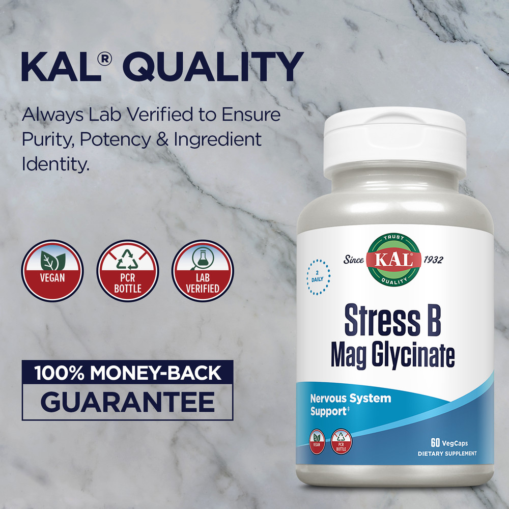 KAL Stress B Mag Glycinate, B Complex Vitamins Plus Magnesium, Active Forms
