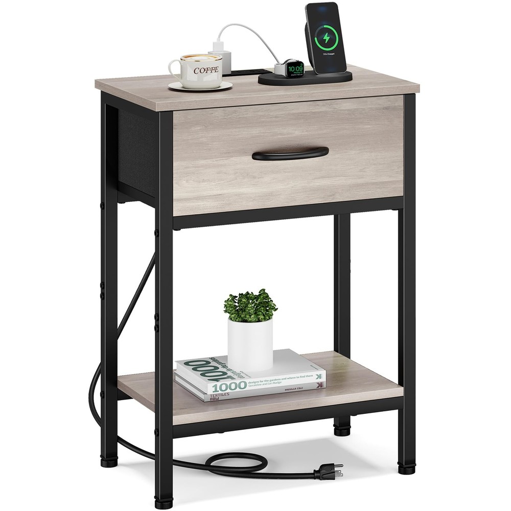 Nightstand with Charging Station, End Table with Fabric Drawer, Small Side Ta...