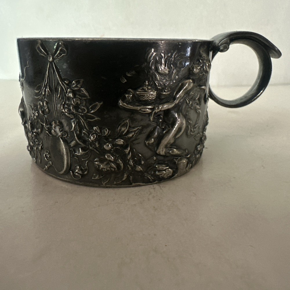 VTG Reed & Barton Silverplate Cup Mug Ornate Repoussé 1971 Gilt Floral Cherub
